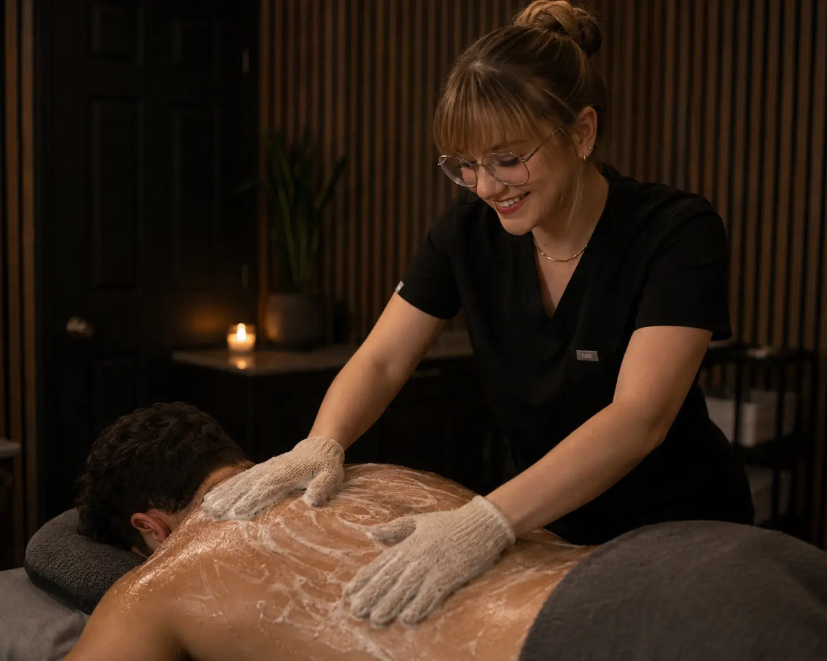 Esthetician exfoliating mans bag with gloves