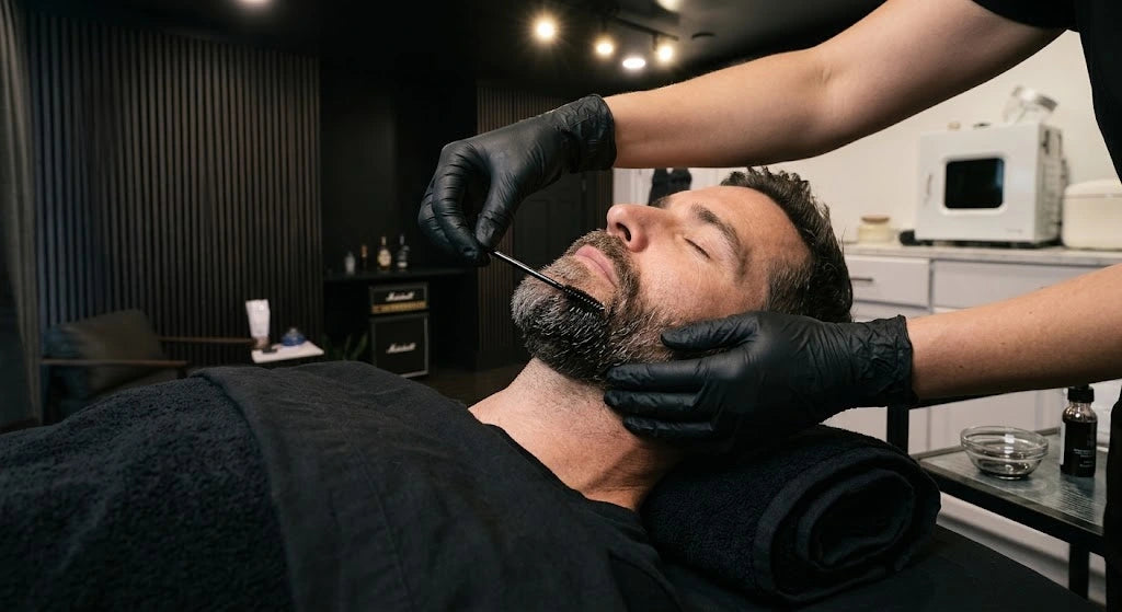 Man relaxing while he receives a beard tint from an esthetician to cover greys 
