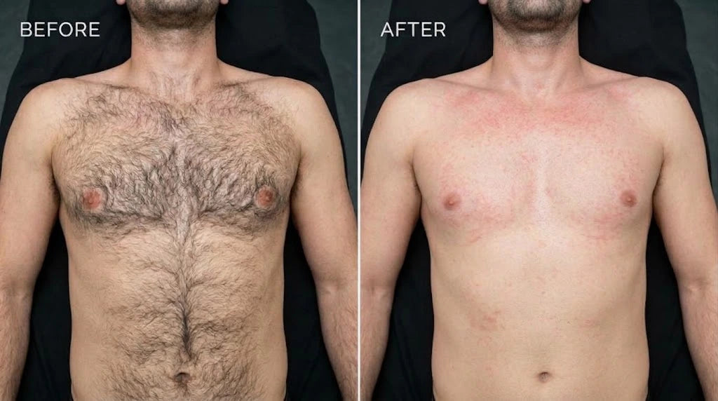 Before and after Chest wax at Menscape