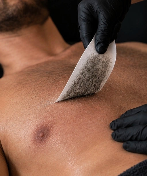 A close-up of a person's bare chest with black hair removal wax strips being peeled from the skin by gloved hands.