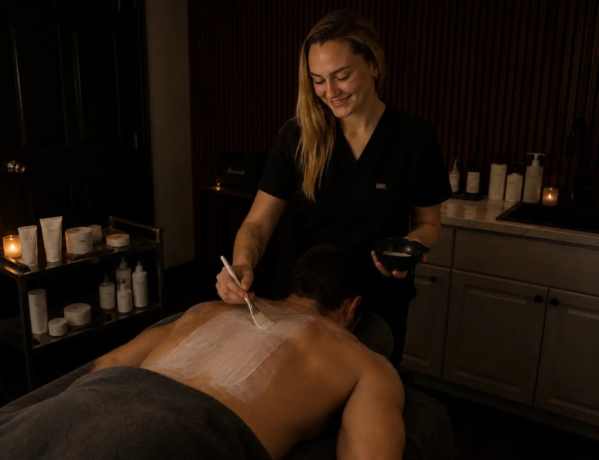 Esthetician applying a mask in a back facial