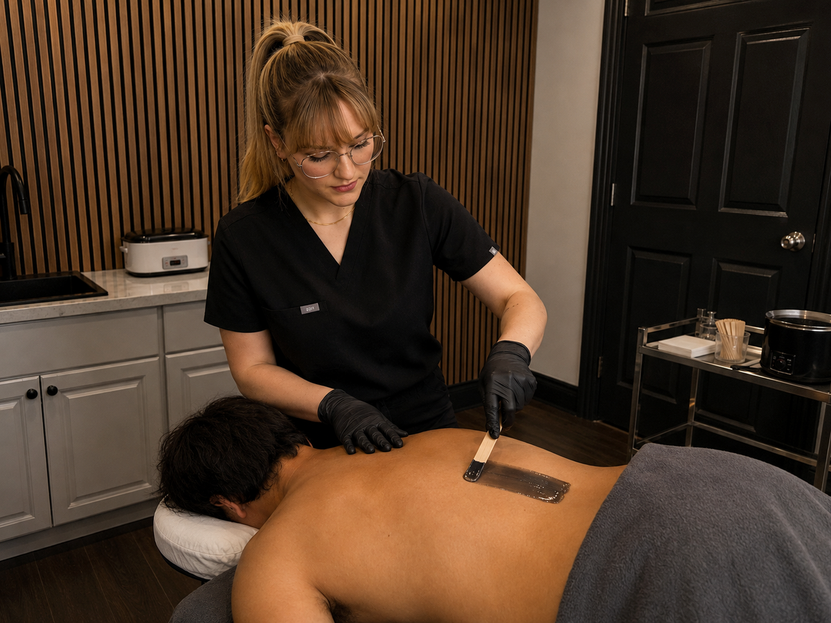 Mens back wax with black soft wax