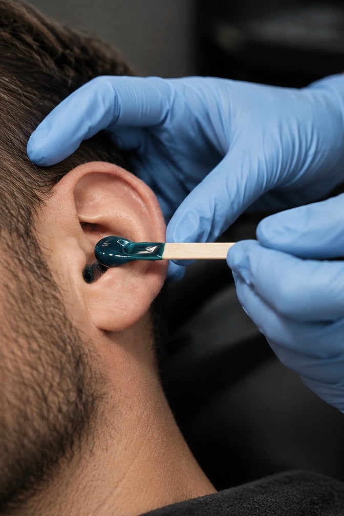 Estehtician carefully applying hard wax to remove ear hair.