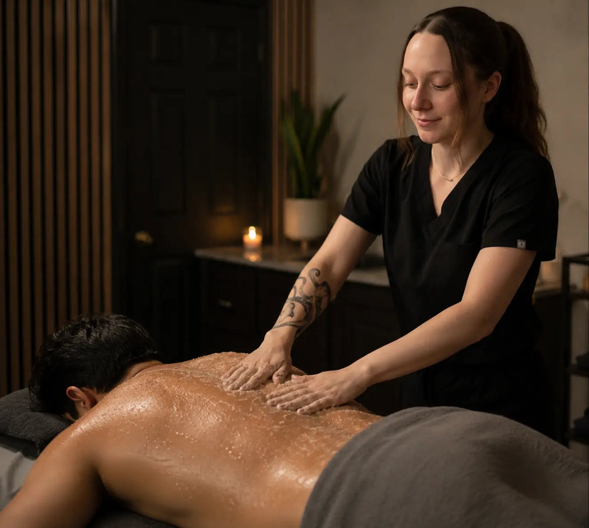 Estehtician giving a back scrub in a body treatement