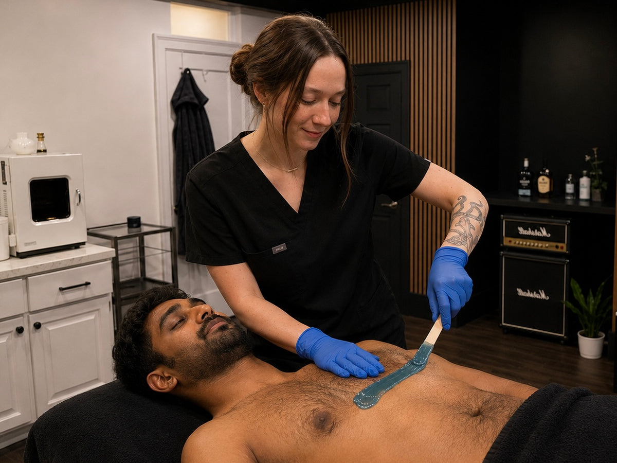Esthetician waxing a chest with blue hard wax