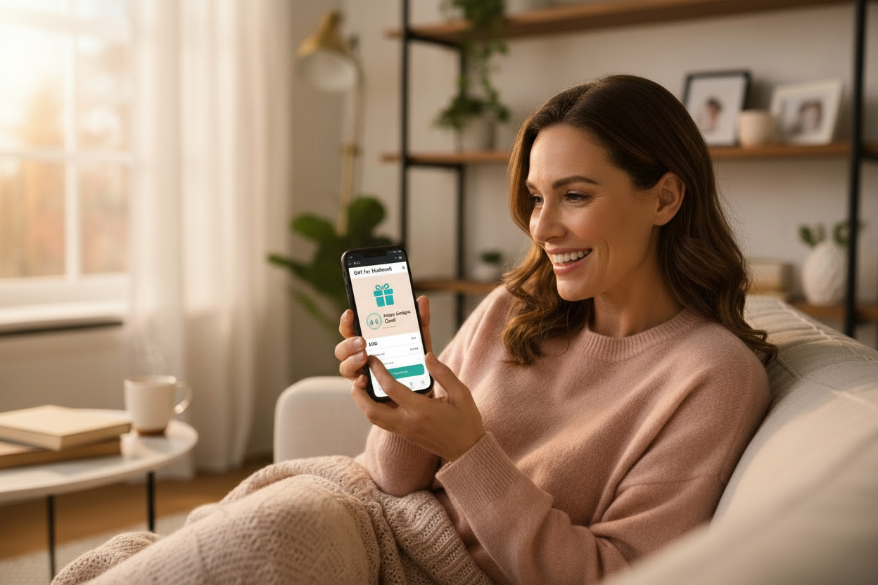 Woman purchasing a gift card for her husband