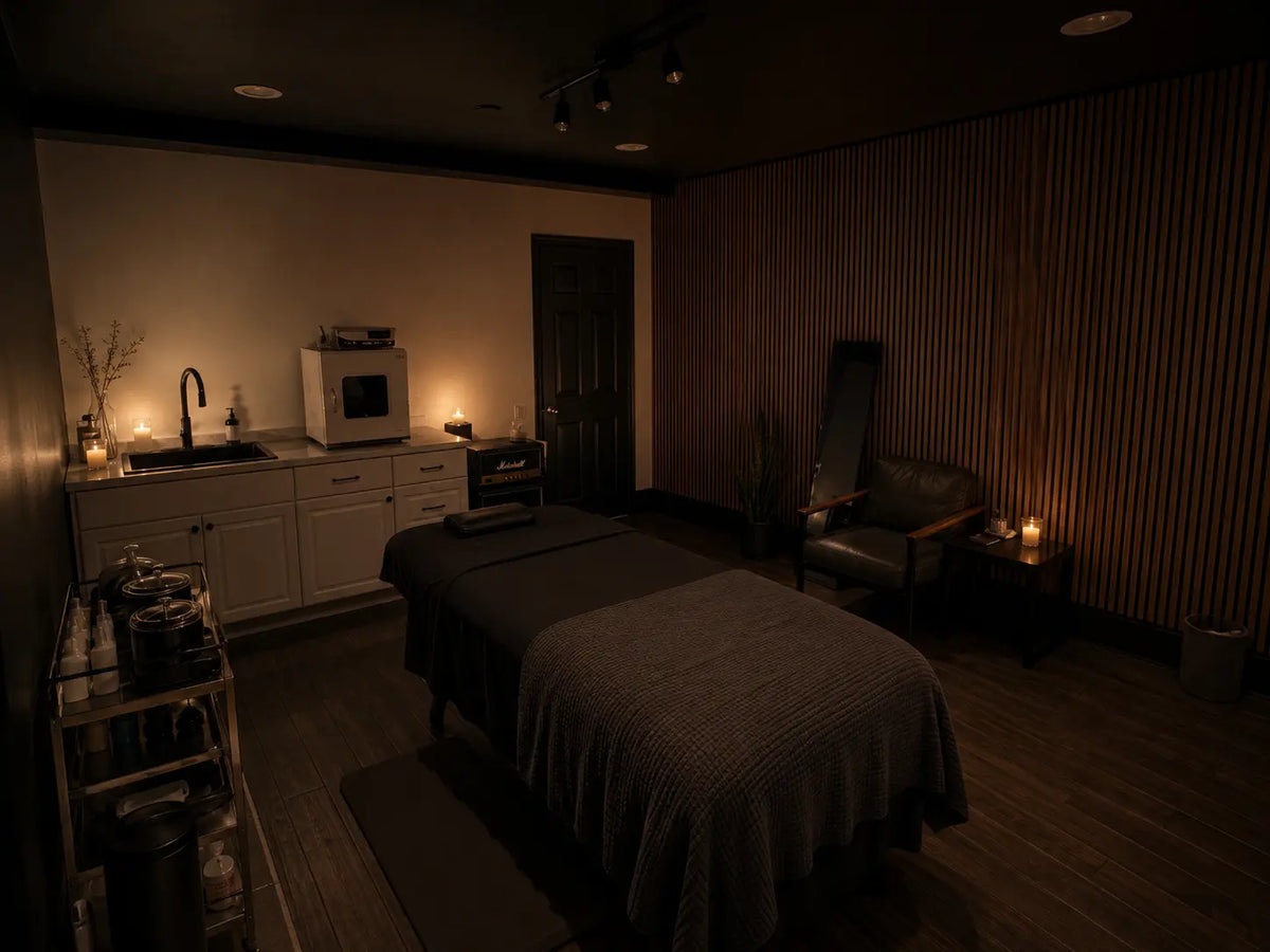 Relaxing spa room with spa lighting